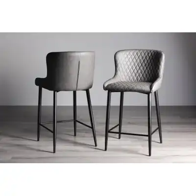 Dark Grey Leather Bar Stool Black Metal Legs