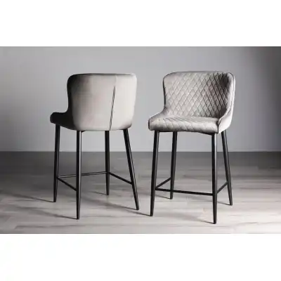 Grey Velvet Fabric Bar Stool Diamond Stitched Black Legs