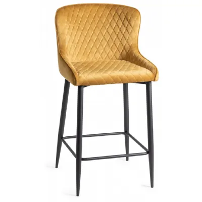 Mustard Yellow Velvet Fabric Bar Stool Diamond Quilted Stitched