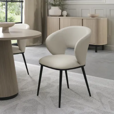 Ivory Leather Curved Back Dining Chair Black Legs