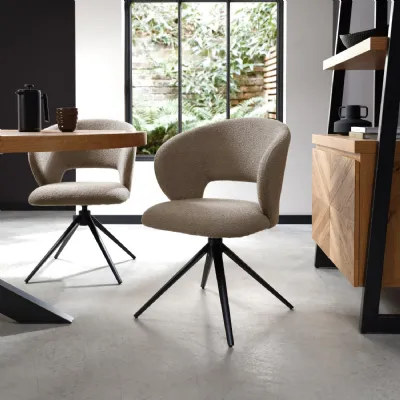 Mocha Beige Boucle Fabric Swivel Dining Chair Black Legs