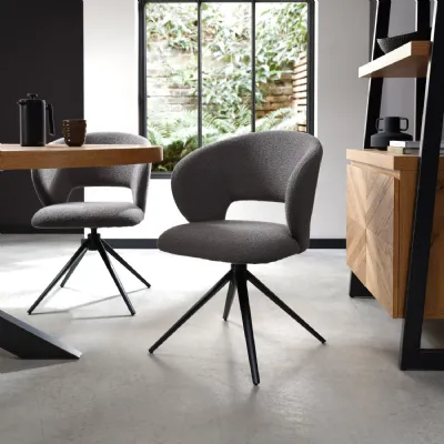 Grey Boucle Fabric Curved Swivel Dining Chair Black Legs