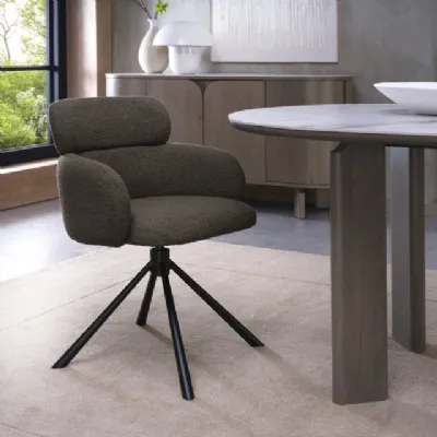 Brown Boucle Fabric Swivel Dining Chair with Black Legs