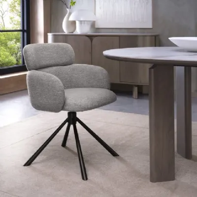 Grey Boucle Fabric Swivel Dining Chair Black Legs