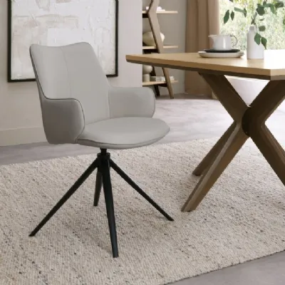 Light Grey Leather Effect Swivel Dining Chair Black Legs