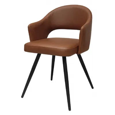 Tan Leather Effect Curve Back Dining Chair Black Metal Legs