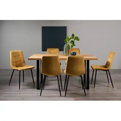 Oak Rectangular Table 6 Yellow Velvet Chairs Dining Set