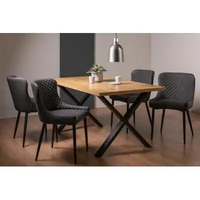 Oak Dining Table Set 4 Dark Grey Leather Chairs