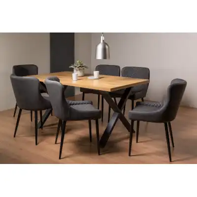 Rustic Oak Dining Table Set 6 Grey Leather Dining Chairs