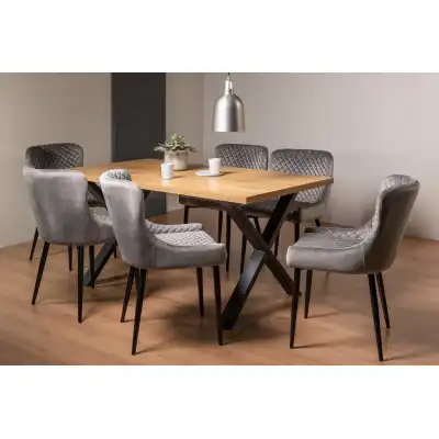 Rustic Oak Dining Table Set 6 Grey Velvet Fabric Chairs