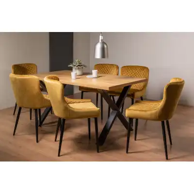 Rustic Oak 160cm Dining Table Set 6 Yellow Velvet Chairs