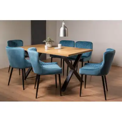 Rustic Oak Dining Table Set 6 Blue Velvet Fabric Chairs