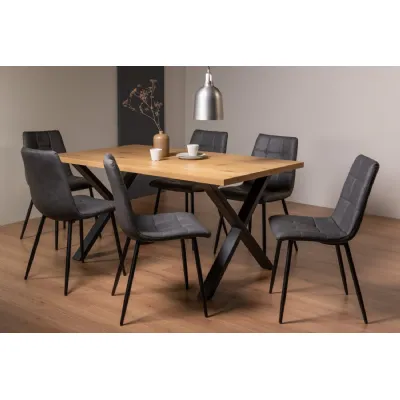 Rustic Oak Dining Table Set 6 Dark Grey Leather Chairs