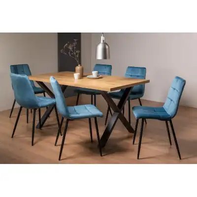 Rustic Oak Dining Table Set 6 Blue Velvet Dining Chairs