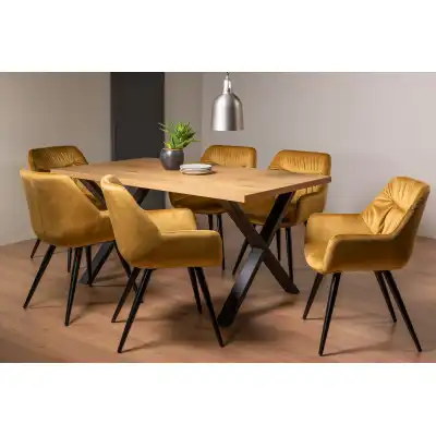 Oak Rectangular Dining Table Set 6 Yellow Velvet Chairs