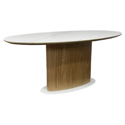 Marlow Matt White Sintered Stone 6 Seater Dining Table with Oak Veneer And Coloured Glass Base