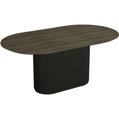 Grey Oak Large Oval 1.8m Dining Table Black Pedestal Base