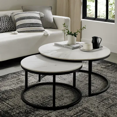 Matt White Marble Effect Round Nest of Coffee Tables