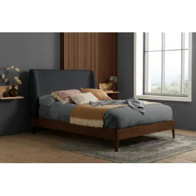 Dark Wood Double Bed Grey Fabric Wing Back Headboard