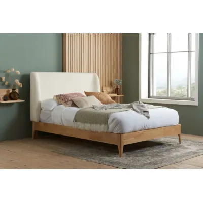 Light Wood King Size Bed White Fabric Wingback Headboard
