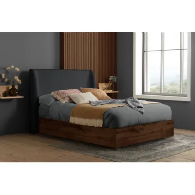 Dark Oak King Size Ottoman Bed Grey Fabric Headboard