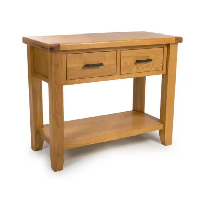 Solid Oak 2 Drawer Console Table Natural Finish with Shelf