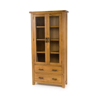Solid Oak Glazed 2 Door 2 Drawer Display Cabinet