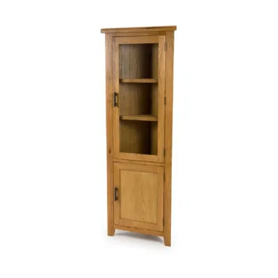 Solid Oak Glazed 2 Door 2 Shelf Corner Display Cabinet