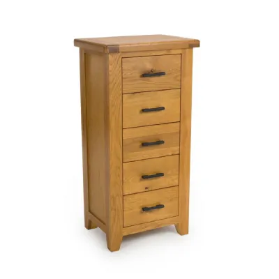 Natural Oak Lacquered Slim 5 Drawer Tallboy