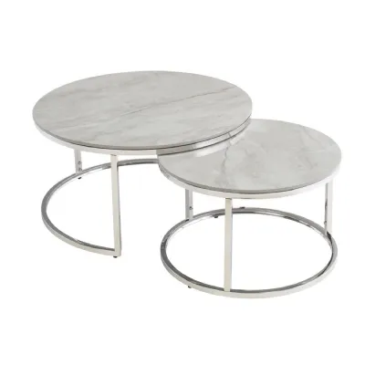 Grey Marble Effect Chrome Round Nest of 2 Coffee Tables