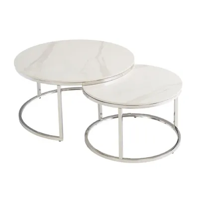 White Marble Effect Chrome Round Nest of 2 Coffee Tables