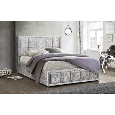 Grey Crushed Fabric Double Ottoman Bed Padded Headboard