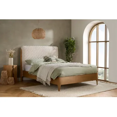 Natural Wood King Size Bed White Fabric Furred Headboard