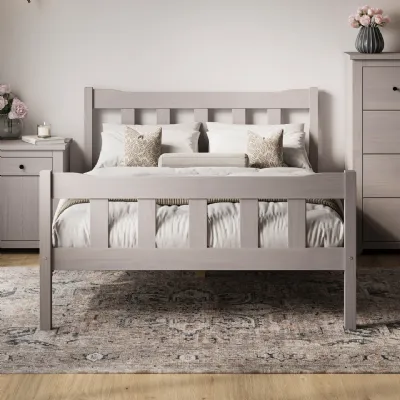 Modern Grey Solid Pine 4ft6 Double Bed with Slatted Headboard