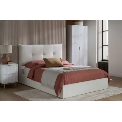 White Fabric King Size Ottoman Bed Buttoned Headboard