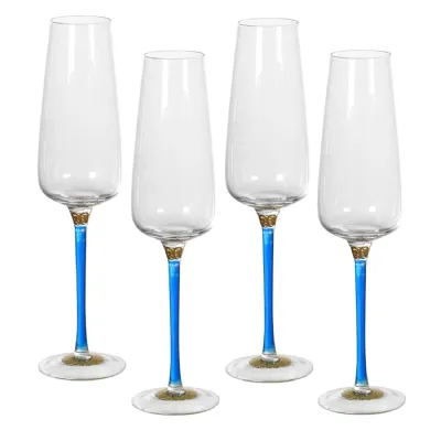 Set of 4 Blue and Gold Stem Champagne Glasses