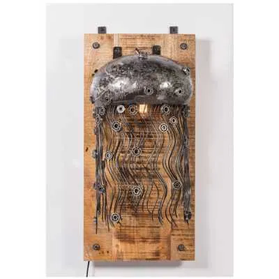 Upcycled Lighting And Furniture Black Polish Recycled Industrial Metal Jelly Fish Wooden Base Wall Lamp 27X82X40cm