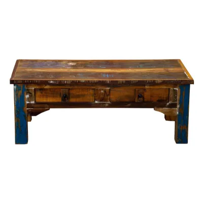 Multicolour Rustic Finish Reclaimed Wood 2 Drawer Coffee Table