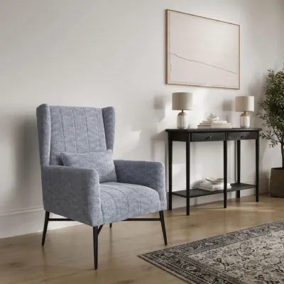 Navy Herringbone Twill Upholstered High Back Accent Chair