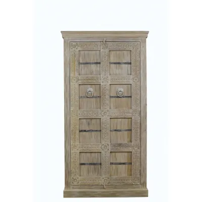 Boho Distressed Mango Wood Cabinet with Hand Carved Doors