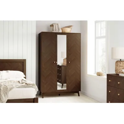 Walnut Effect Wood 3 Door Triple Large Wardrobe with Mirror