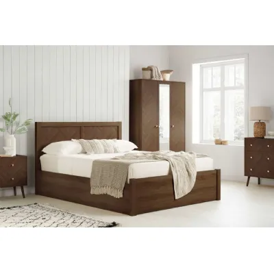 Walnut Effect Wood Double Ottoman Bed Chevron Headboard