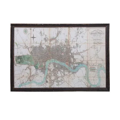 Large Antique Style Black Distressed Framed River Thames Wall Map