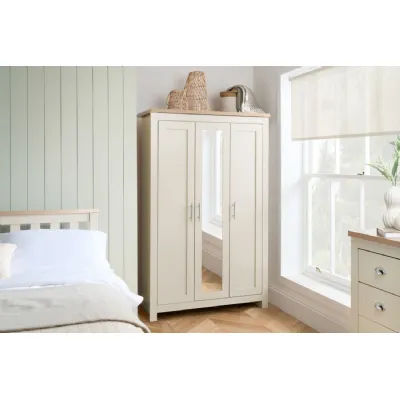 Cream Wood 3 Door Triple Large Mirrored Wardrobe Oak Top