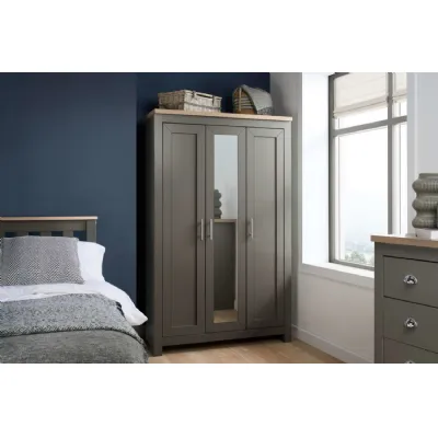 Grey Wood 3 Door Triple Large Wardrobe with Mirror Oak Top