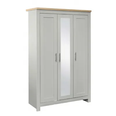 Light Grey Wood 3 Door Triple Mirrored Wardrobe Oak Top