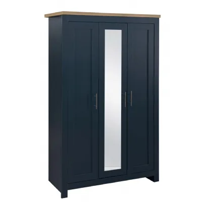 Blue Wood 3 Door Triple Large Wardrobe with Mirror Oak Top