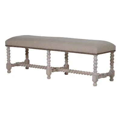 Shabby Chic Distressed Rope Leg Linen Upholstered Bench