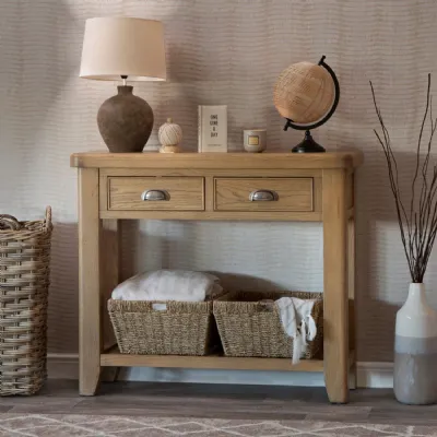 Oak Wood 2 Drawer Console Table with Shelf