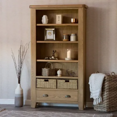 Solid Oak Bookcase with Basket Drawers 100cm Wide
